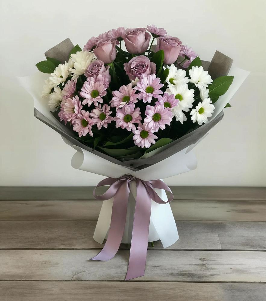 Букет цветов из: Хризантемы и Розы в Перевальном