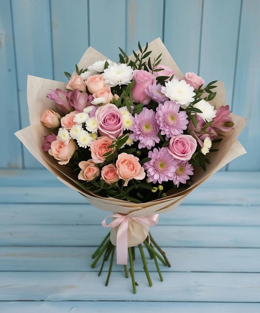 Букет цветов из: Хризантемы, Розы и Альстромерии в Перевальном