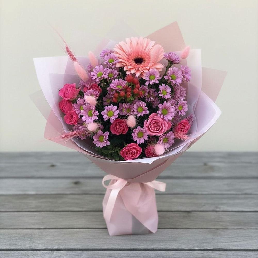 Букет цветов из: Розы, Герберы и Хризантемы в Перевальном