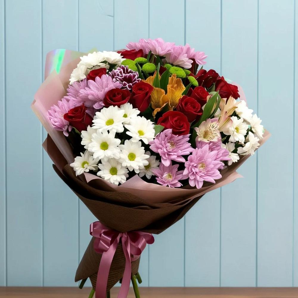 Букет цветов из: Розы, Хризантемы и Альстромерии в Перевальном